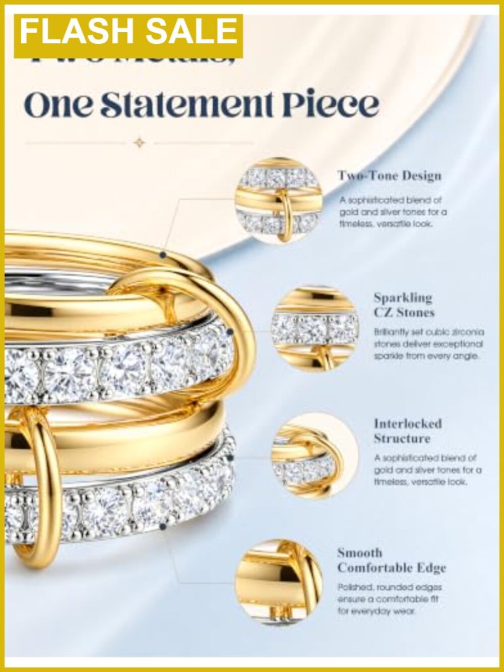 18K Gold Plated Stackable Rings Set Cubic Zirconia Interlocked Stacking Rings - Picture 3 of 6